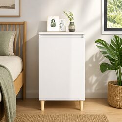 High Gloss White Bedside Cabinet with Wooden Legs