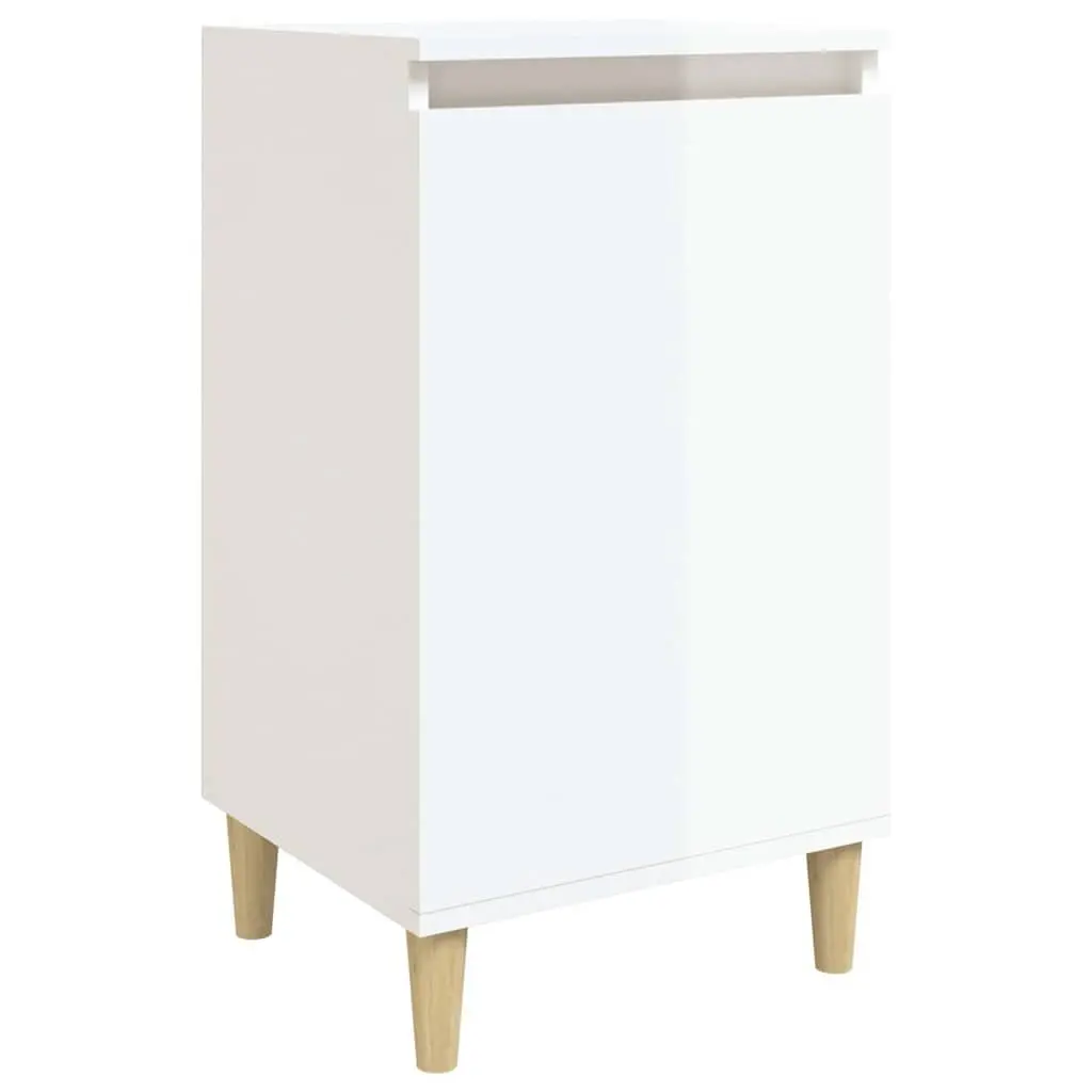 High Gloss White Bedside Cabinet with Wooden Legs