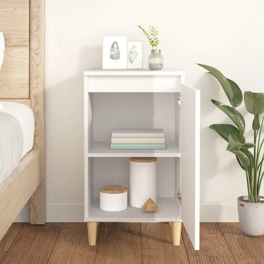 High Gloss White Bedside Cabinet with Wooden Legs