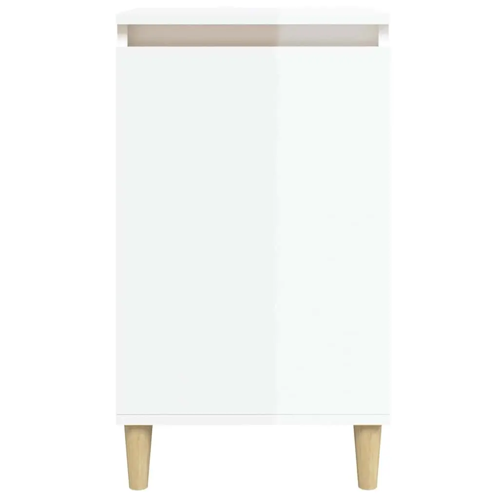 High Gloss White Bedside Cabinet with Wooden Legs