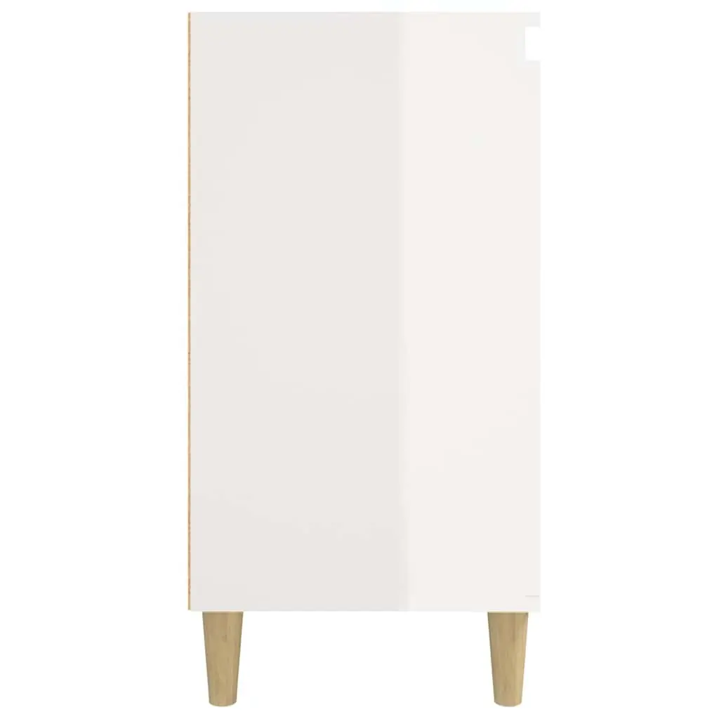 High Gloss White Bedside Cabinet with Wooden Legs