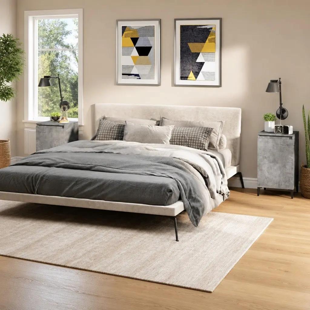 Grey Engineered Wood Bedside Cabinet with Metal Legs
