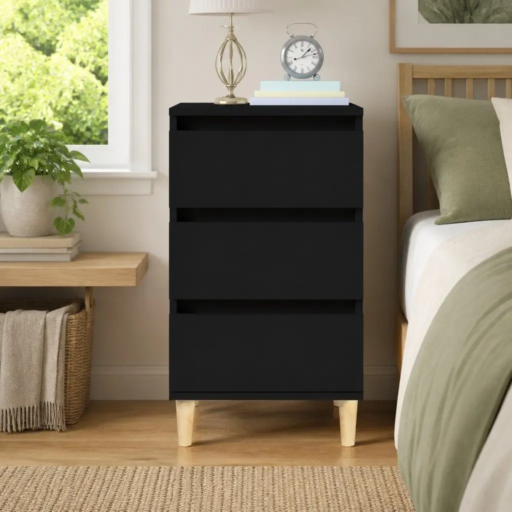 Bedside Cabinet Engineered Wood 40x35x70 cm Black Nightstand 3 Drawers Storage