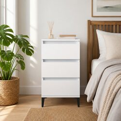 White Industrial Style Nightstand with 3 Drawers 40x35x70cm
