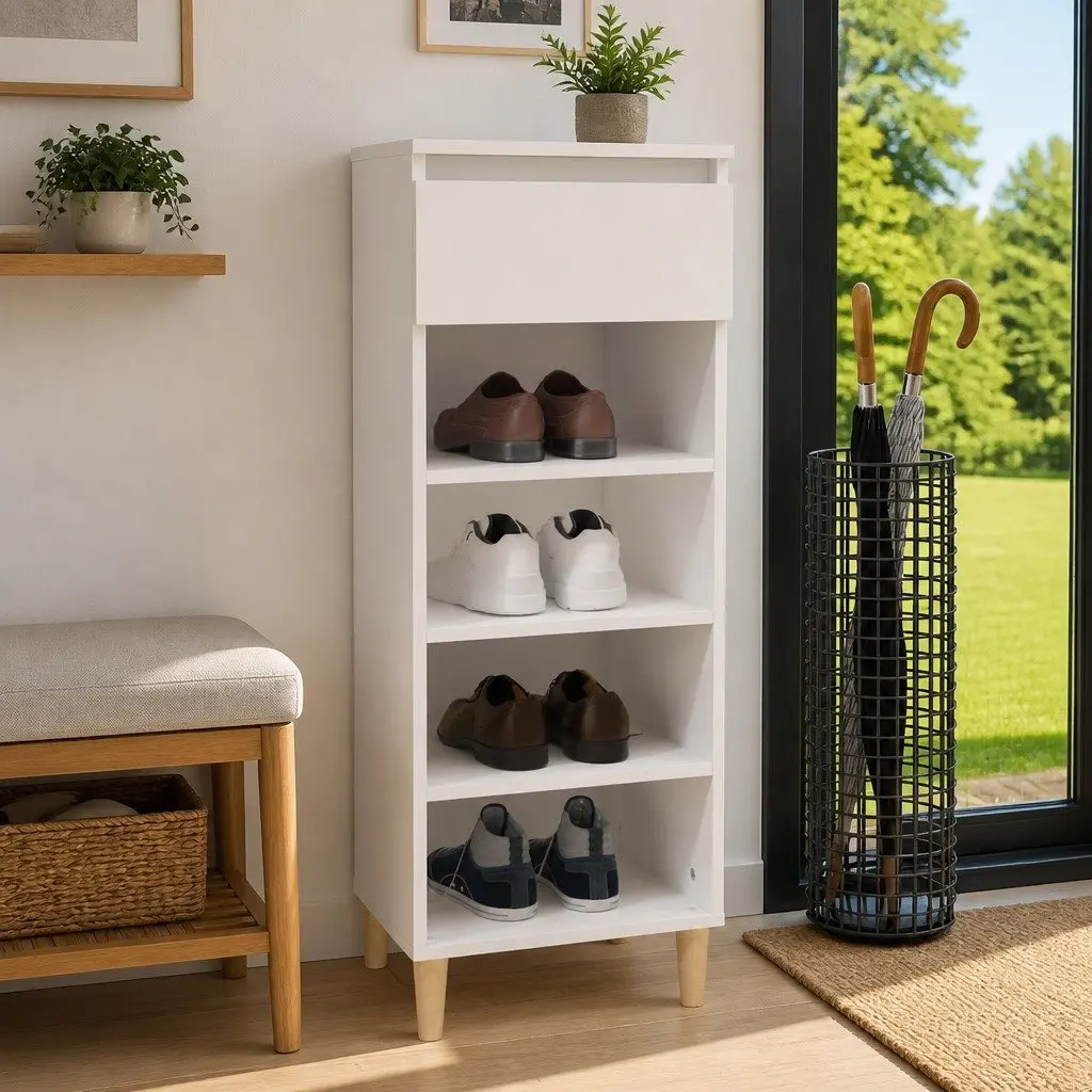 Shoe Cabinet Engineered Wood 40x36x105cm White 4 Shelf Drawer
