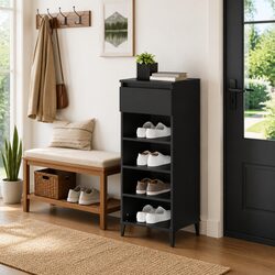 Sturdy Black Shoe Rack with Engineered Wood and Metal Feet