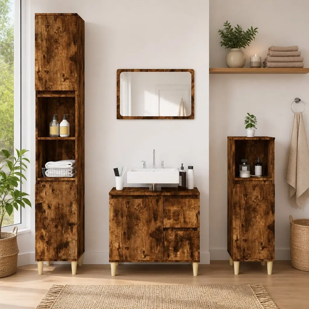Bathroom Cabinet Engineered Wood 65x33x60cm Brown Smoked Oak