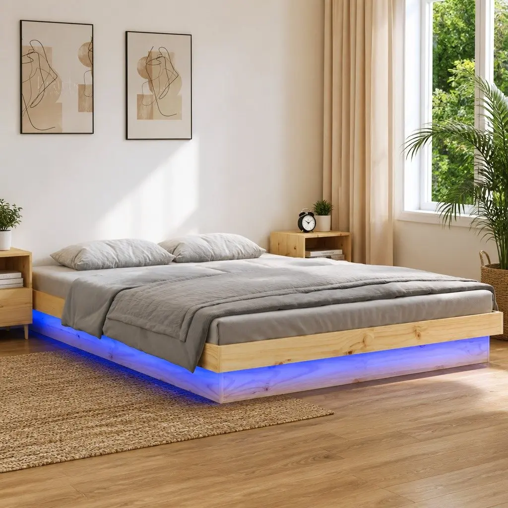 Brown Solid Wood LED Bed Frame 150x200 cm
