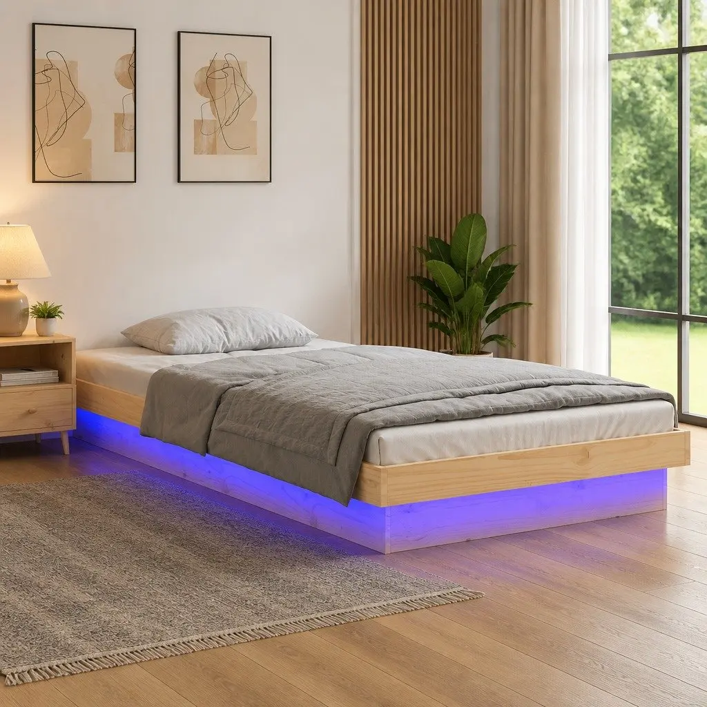 Solid Wood Bed Frame with LED Lights 90x190 cm Brown