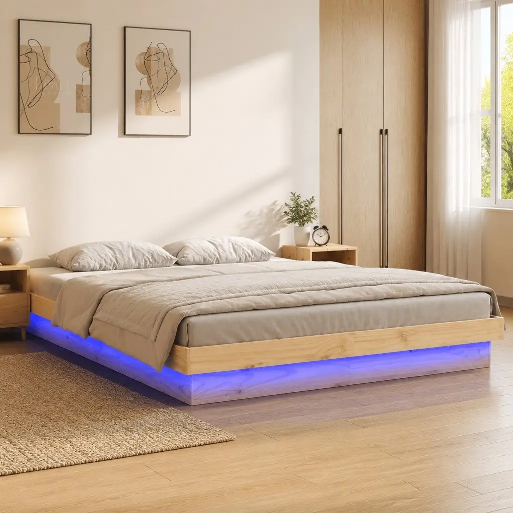 Solid Pine Wood Bed Frame with LED Lights 135x190 cm