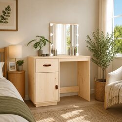 Solid Pine Wood Dressing Table with LED Mirror in Brown