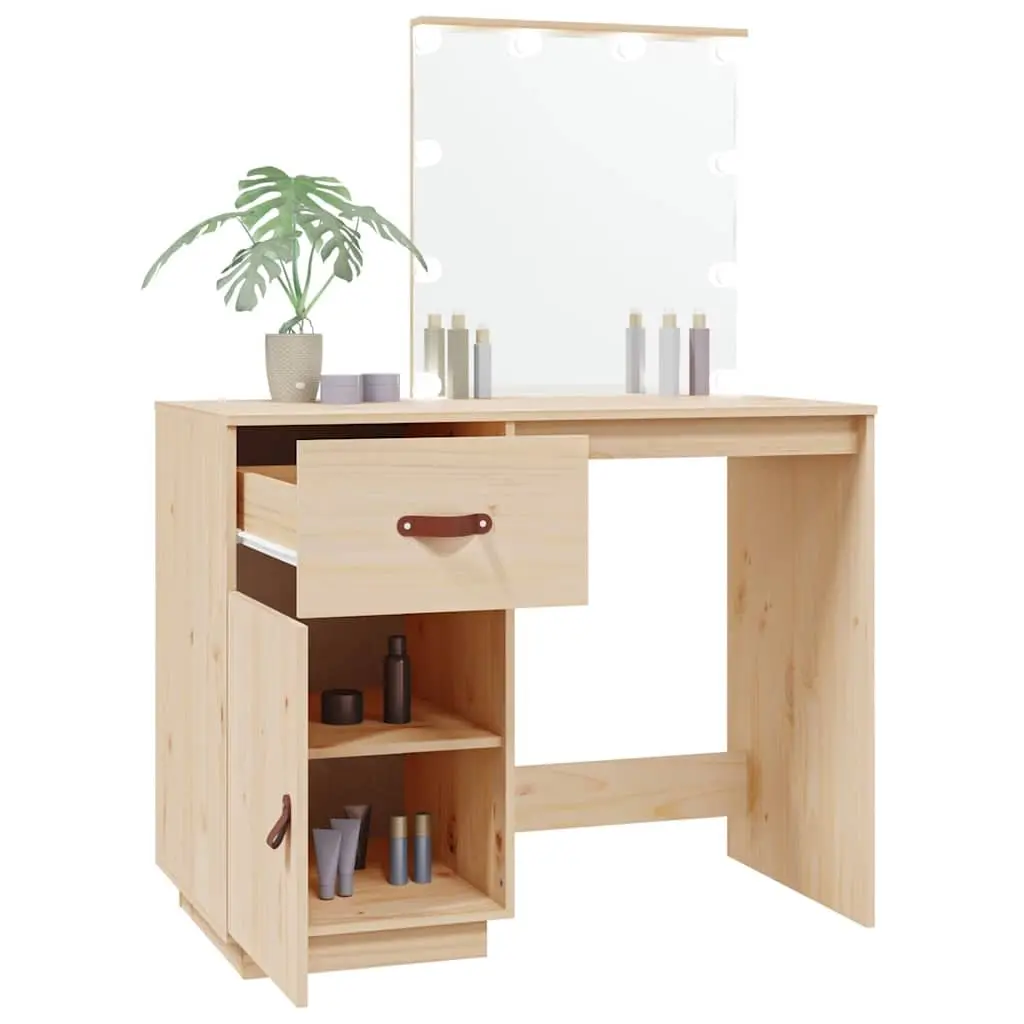 Solid Pine Wood Dressing Table with LED Mirror in Brown