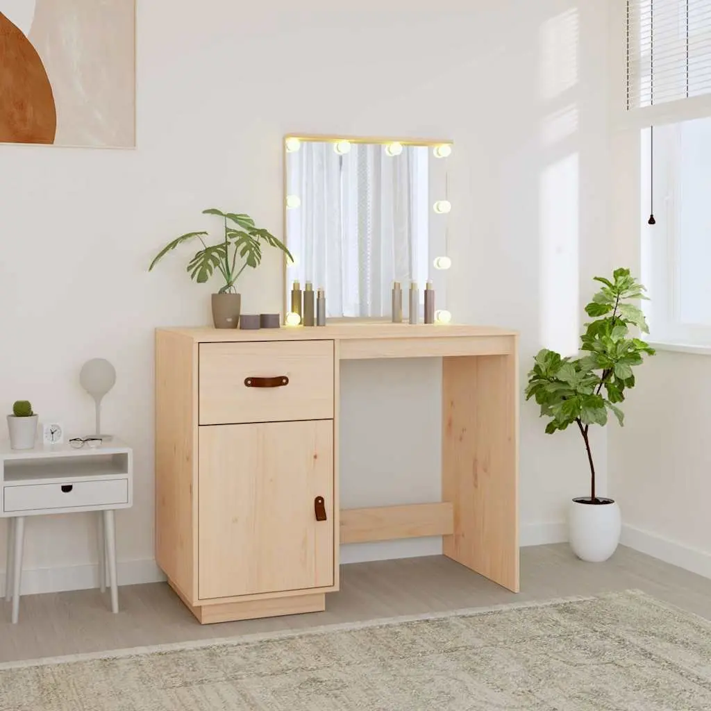 Solid Pine Wood Dressing Table with LED Mirror in Brown