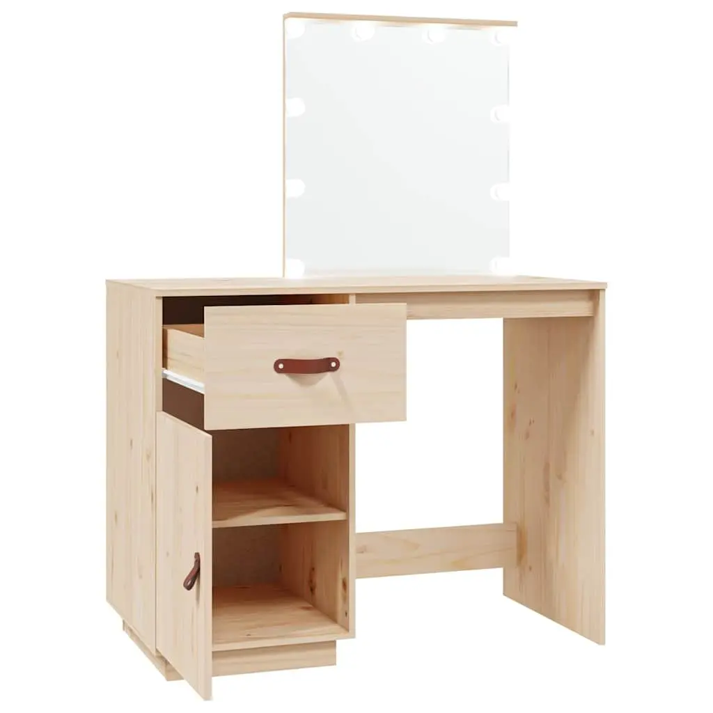 Solid Pine Wood Dressing Table with LED Mirror in Brown