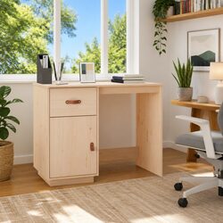 Solid Wood Pine Desk 95x50x75 cm Brown Office Study Computer Workstation Storage
