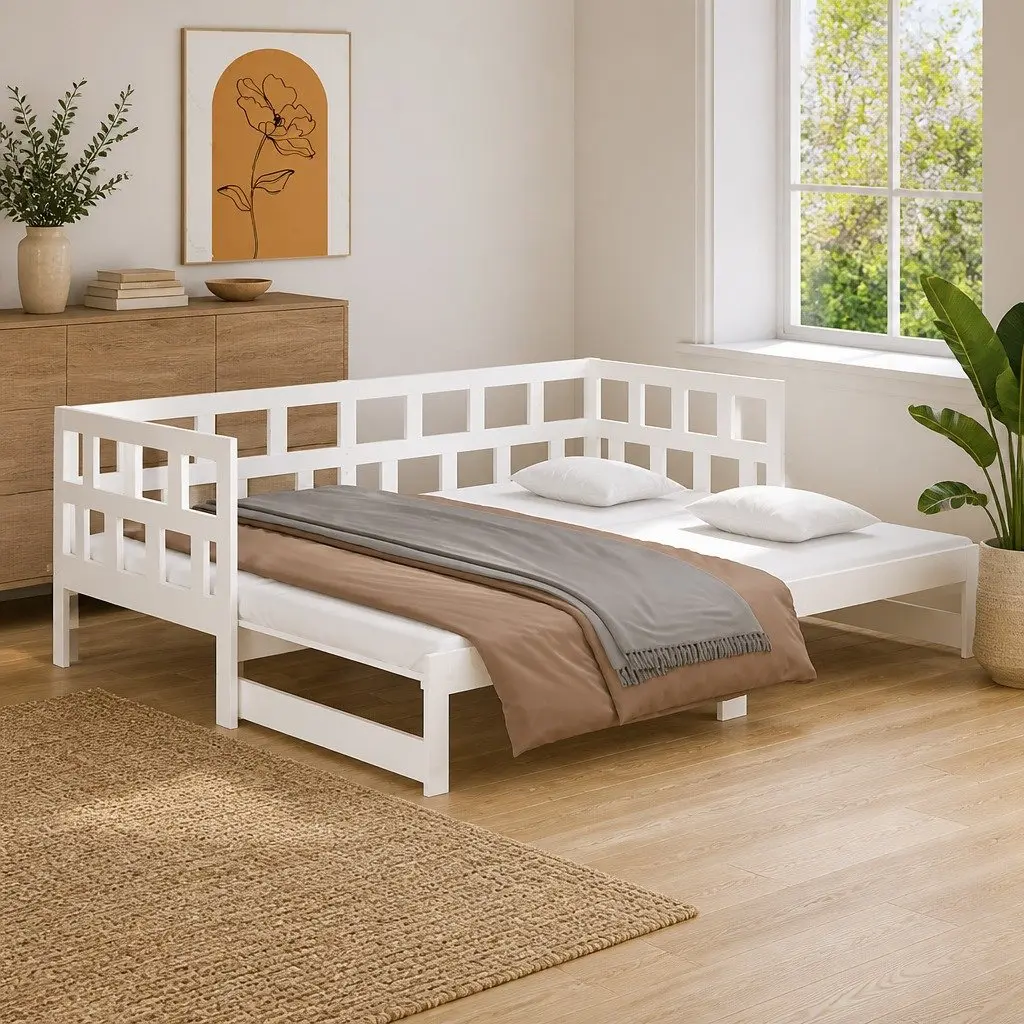 Pull-out Day Bed Frame Sofa Bed in White