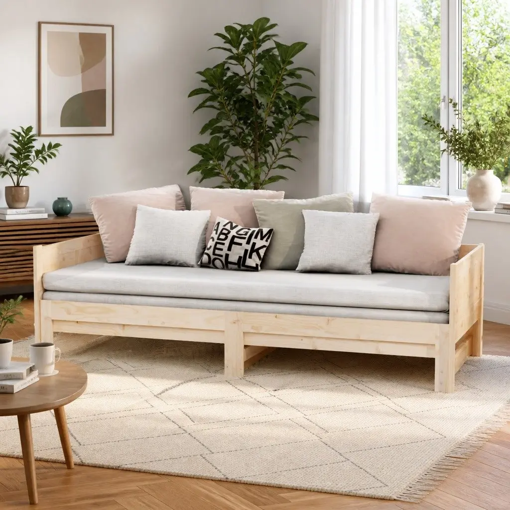 Solid Wood Pine Frame Pull-out Day Bed for Guest Use
