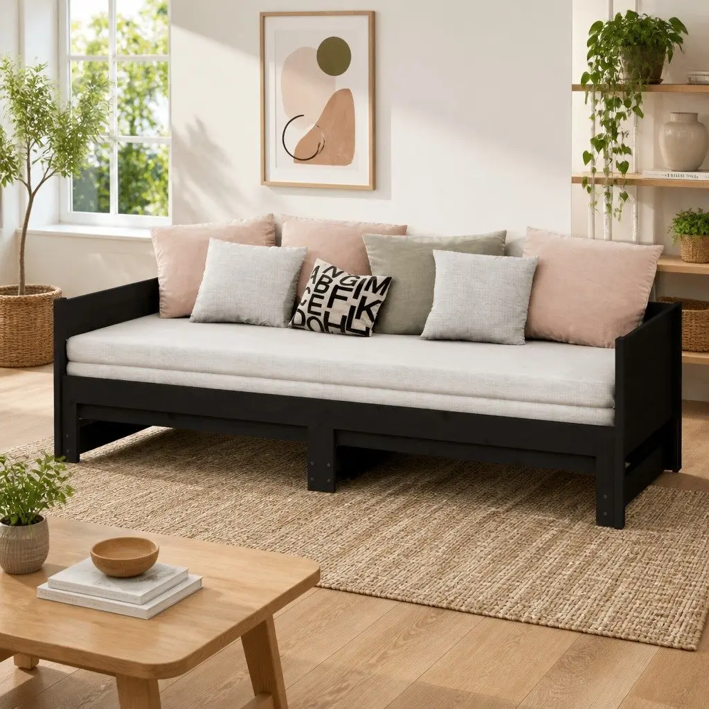Day Bed Sofa Bed Frame Solid Pine Wood 90x190cm Black