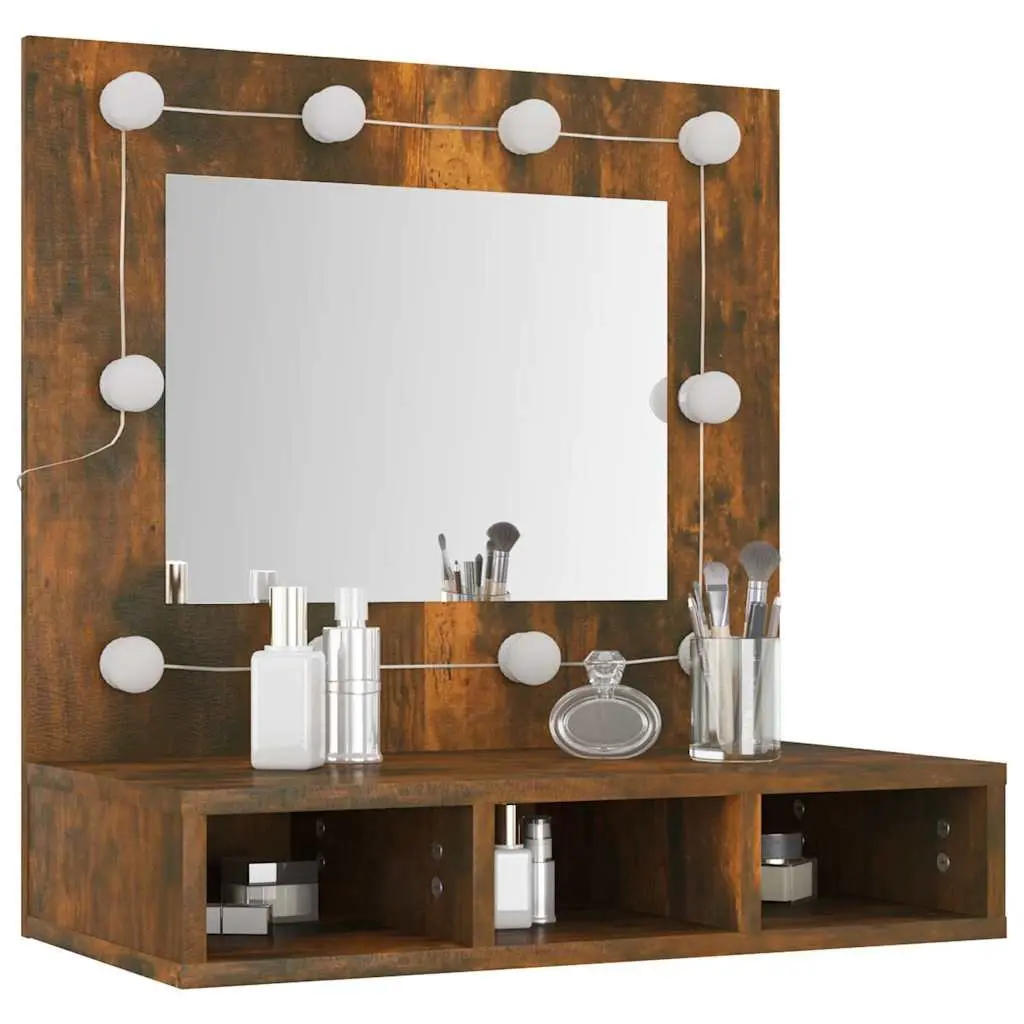 Mirror Cabinet with LED Lights Brown Bathroom Vanity Storage Shelf Unit