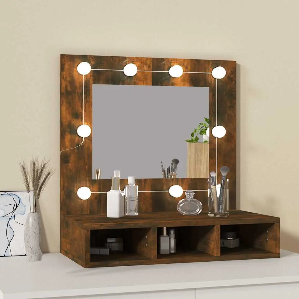 Mirror Cabinet with LED Lights Brown Bathroom Vanity Storage Shelf Unit