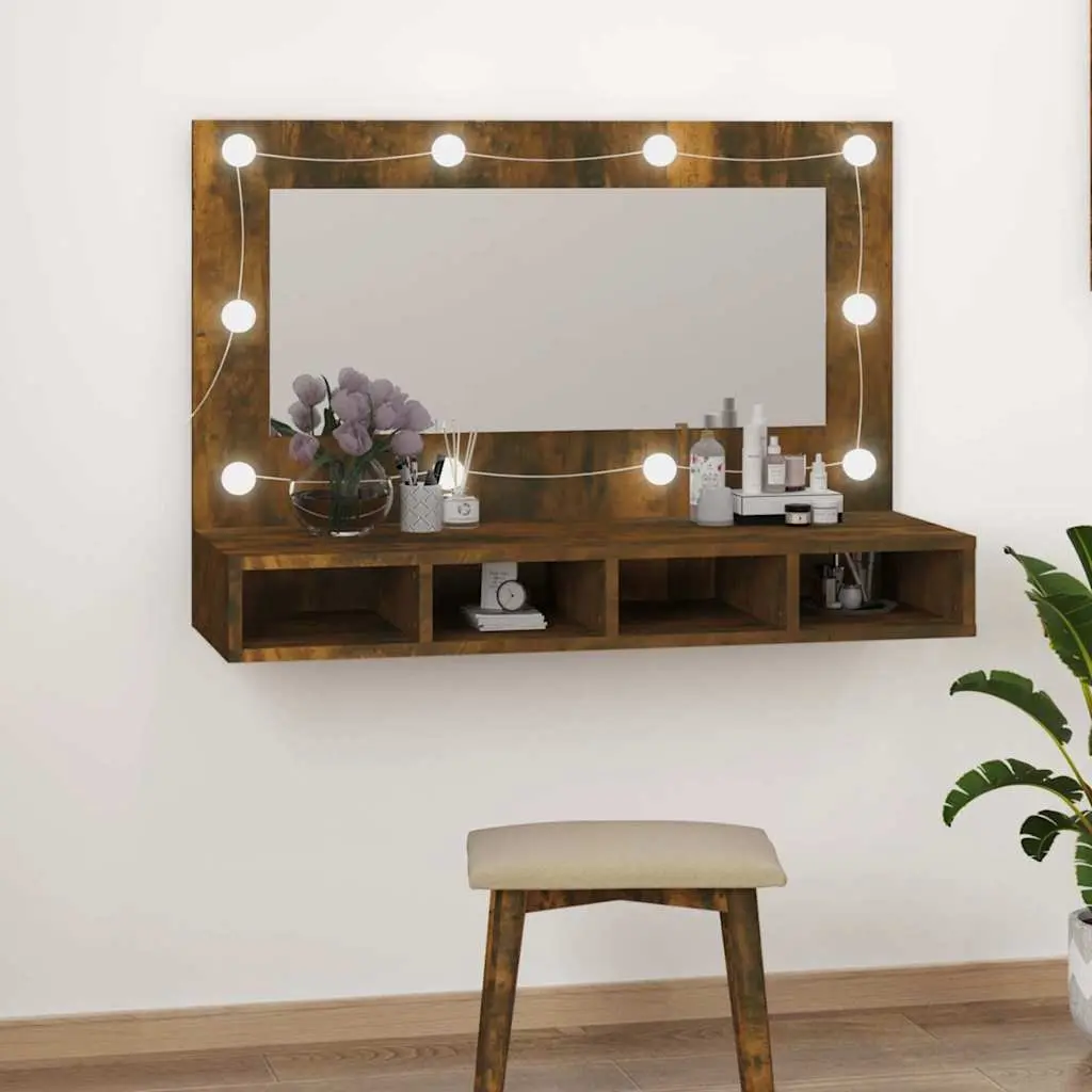 Brown LED Mirror Cabinet with Adjustable Light and Shelves