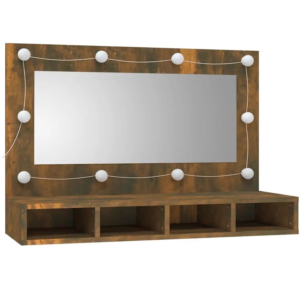 Brown LED Mirror Cabinet with Adjustable Light and Shelves