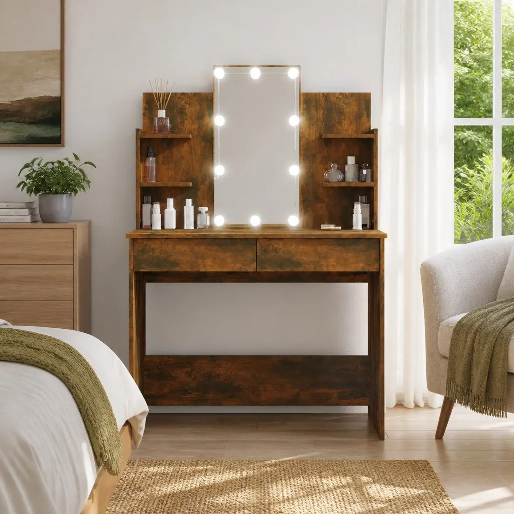 Brown LED Mirror Dressing Table with Storage