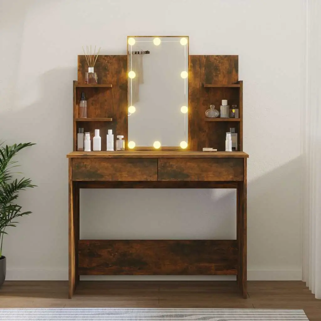 Brown LED Mirror Dressing Table with Storage