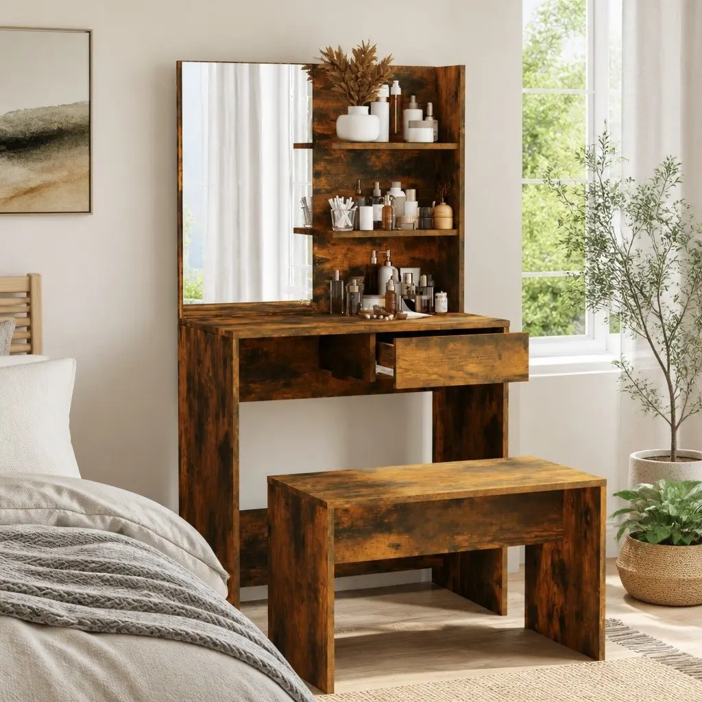 Smoked Oak Brown Dressing Table with Mirror