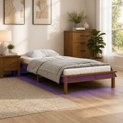 Durable Solid Wood LED Bed Frame 90x190 cm Honey Brown