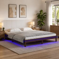 Honey Brown LED Bed Frame in Solid Pine Wood 135x190 cm