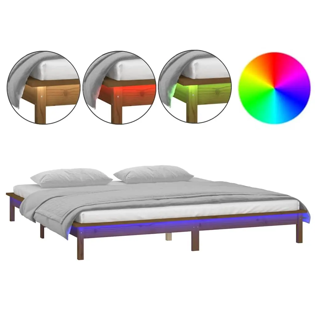 Honey Brown LED Bed Frame in Solid Pine Wood 135x190 cm