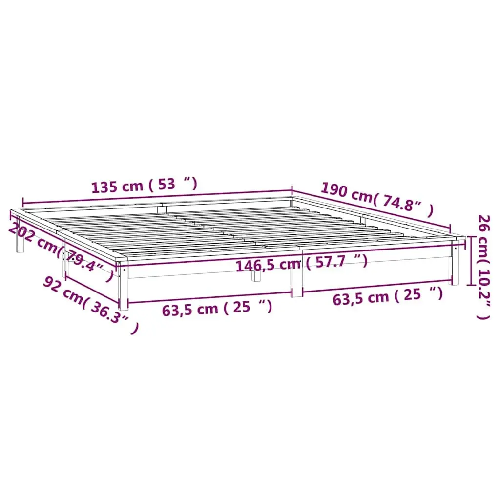 Honey Brown LED Bed Frame in Solid Pine Wood 135x190 cm