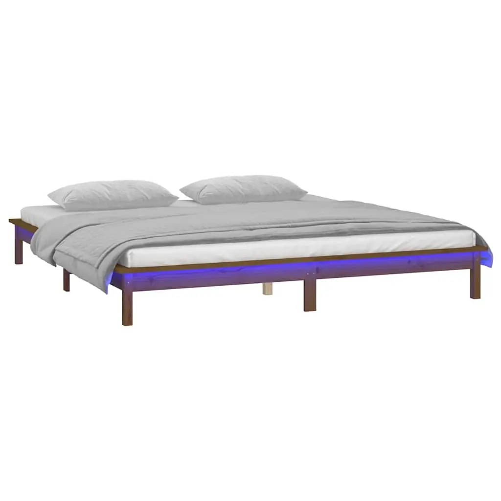 Honey Brown LED Bed Frame in Solid Pine Wood 135x190 cm