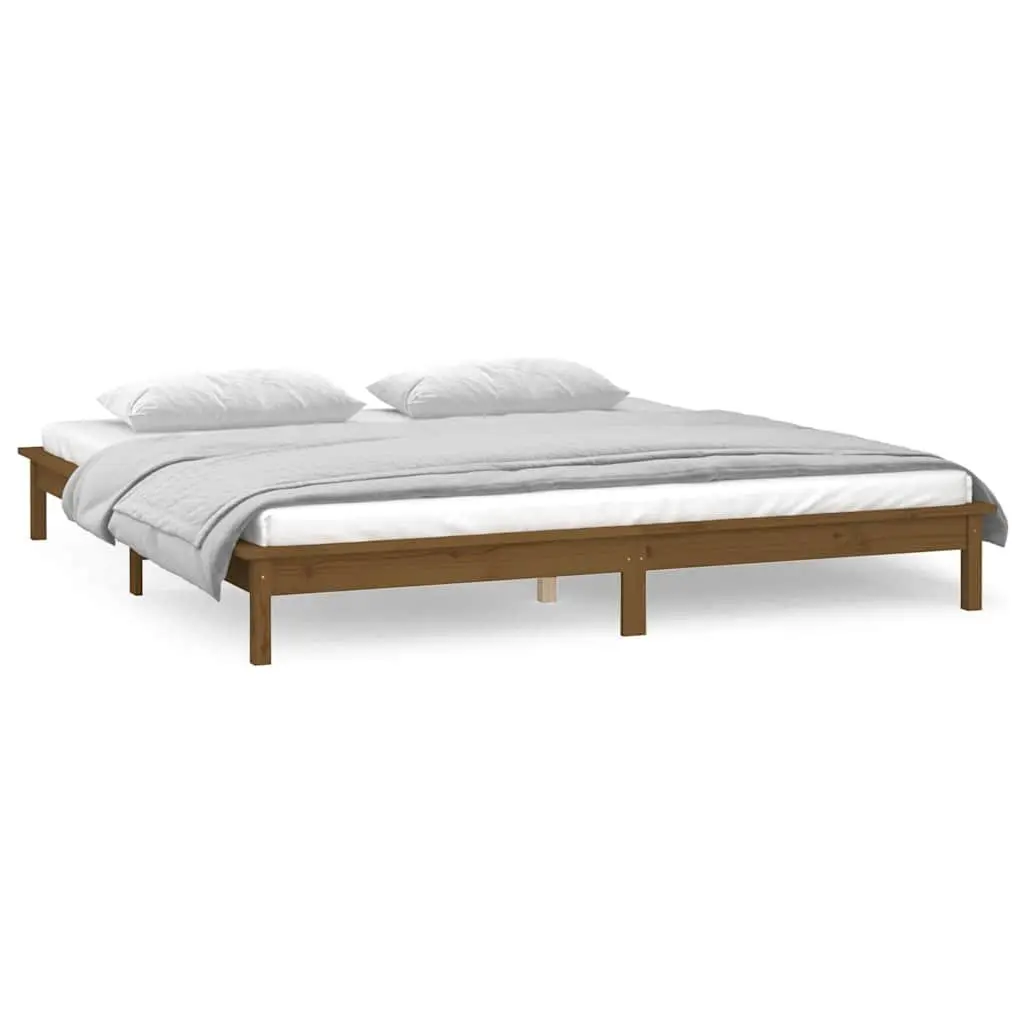 Honey Brown LED Bed Frame in Solid Pine Wood 135x190 cm