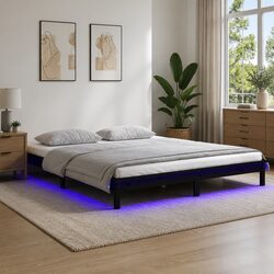 Black Solid Wood LED Bed Frame 135x190 cm with Lights