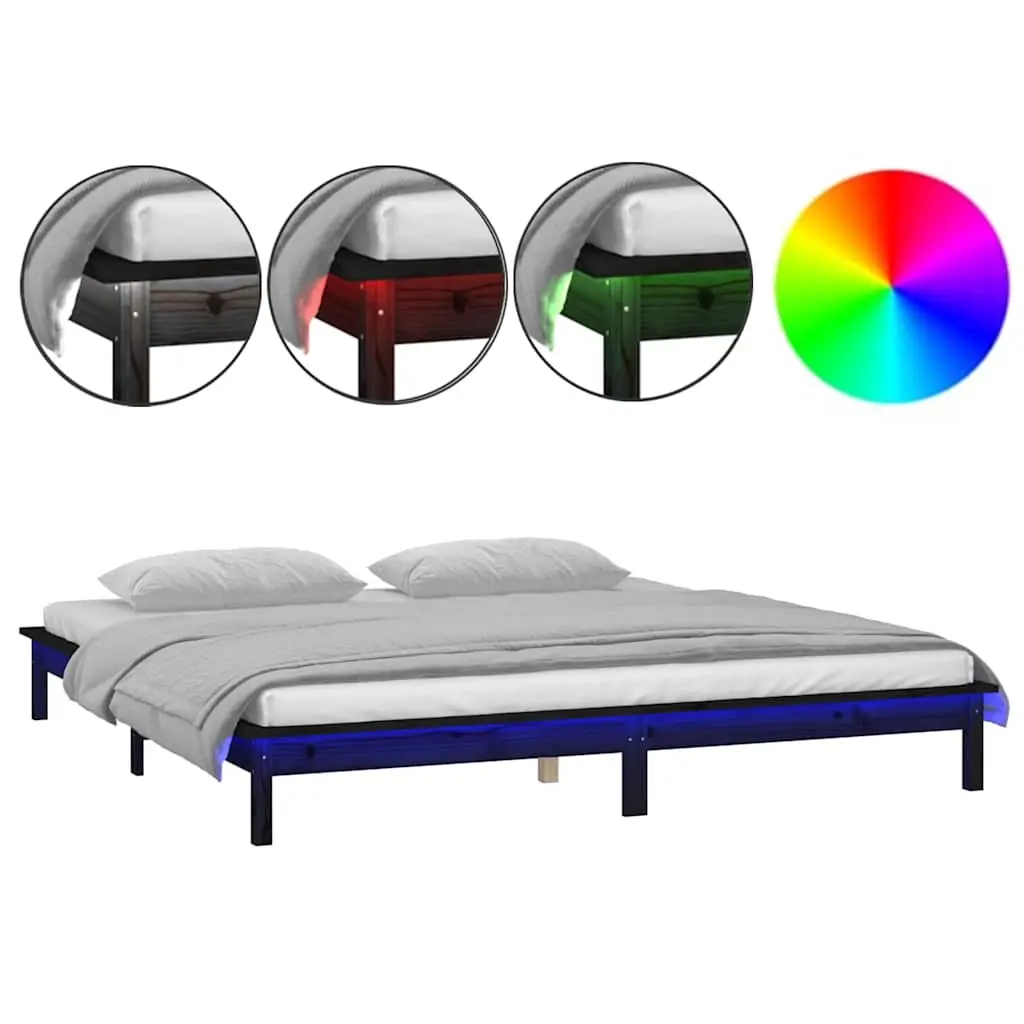 Black Solid Wood LED Bed Frame 135x190 cm with Lights