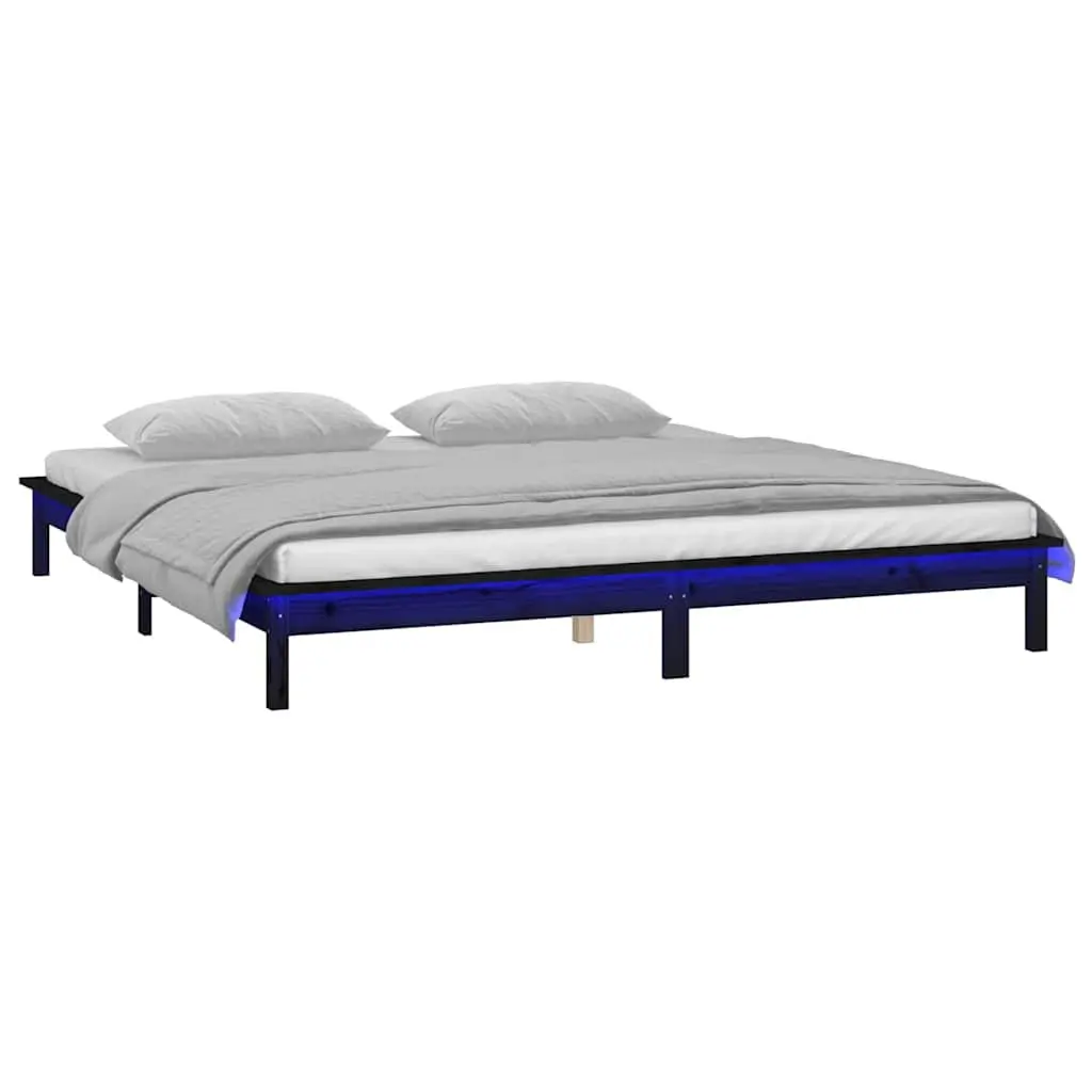Black Solid Wood LED Bed Frame 135x190 cm with Lights
