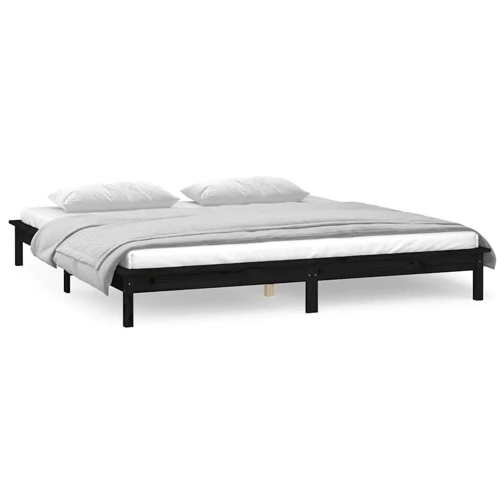 Black Solid Wood LED Bed Frame 135x190 cm with Lights