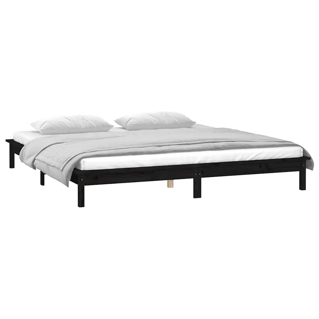 Black Solid Wood LED Bed Frame 135x190 cm with Lights