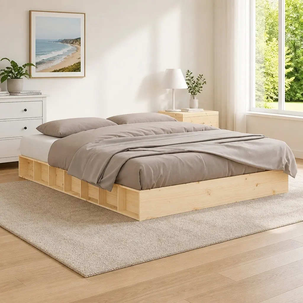 Brown Bed Frame 150x200 cm in Solid Pine Wood