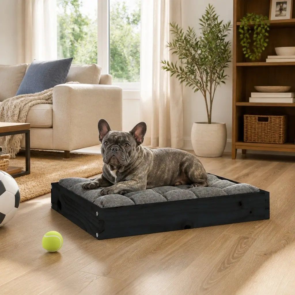 Black Rectangular Dog Bed with Wooden Frame for Comfort