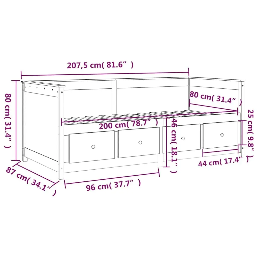Solid Pine Wood Day Bed with Storage Drawers 80x200 cm
