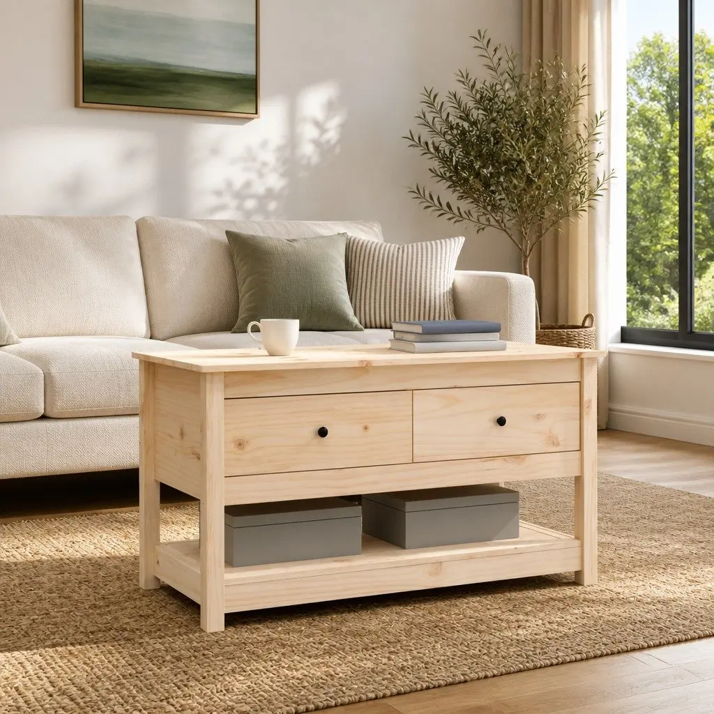 Brown Solid Pine Wood Coffee Table with Storage Drawers