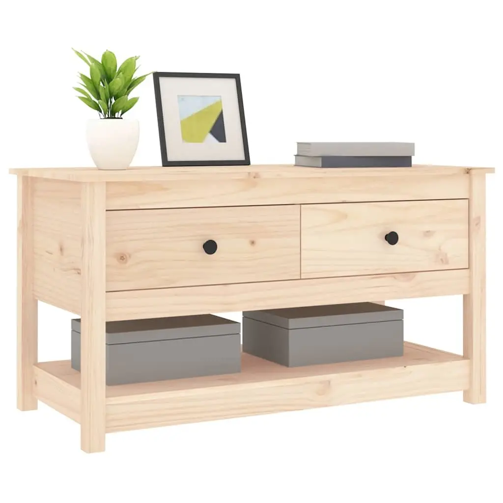 Brown Solid Pine Wood Coffee Table with Storage Drawers
