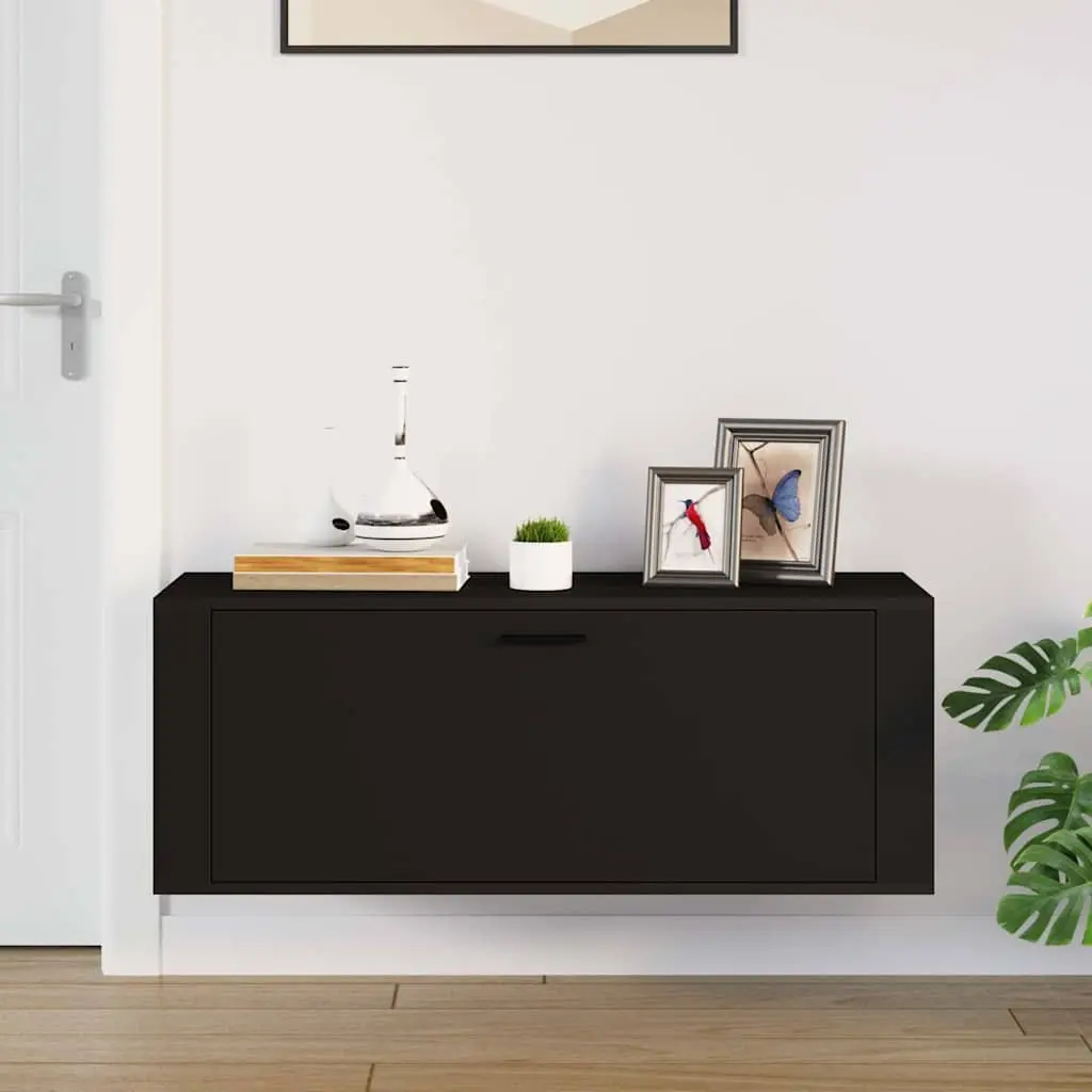 Black Engineered Wood Wall Shoe Cabinet with Drop-Down Door