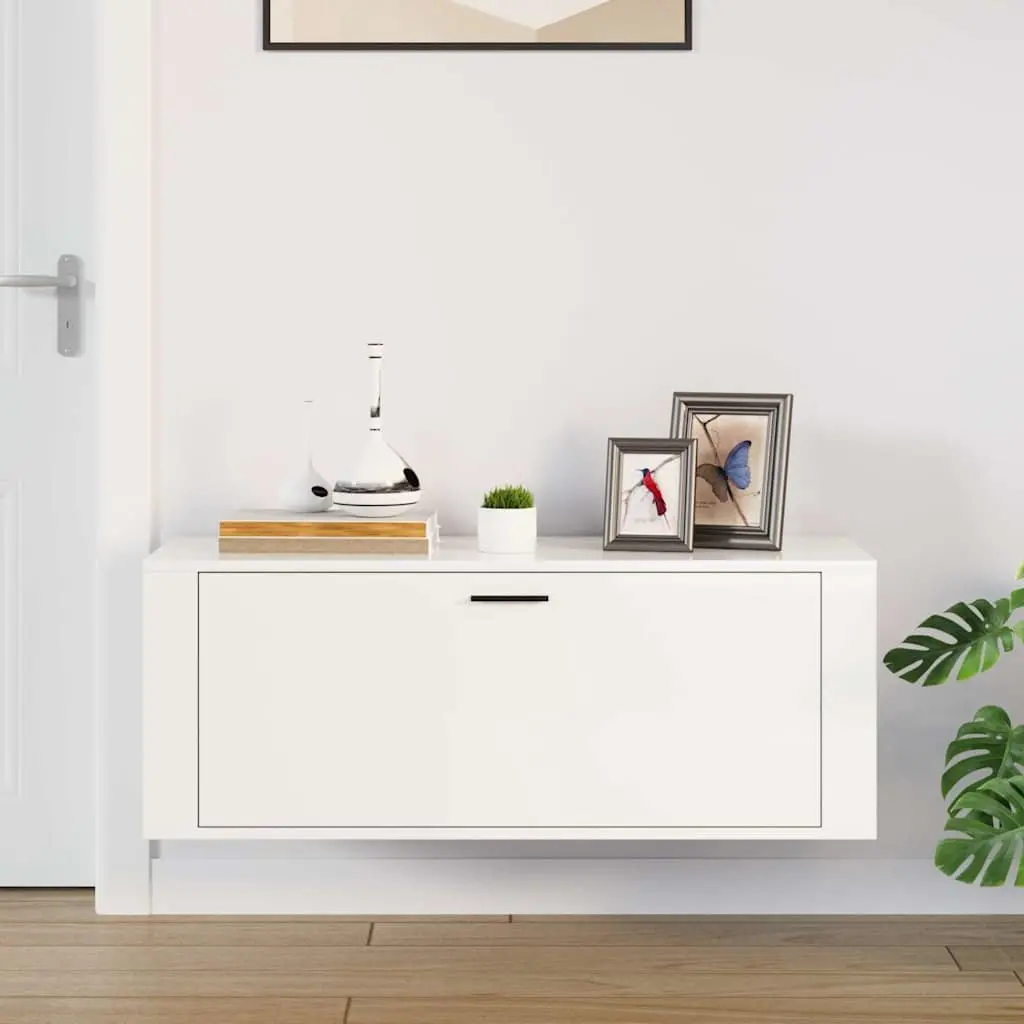 Wall Mounted Shoe Cabinet White High Gloss Storage Organiser 100x35x38 cm