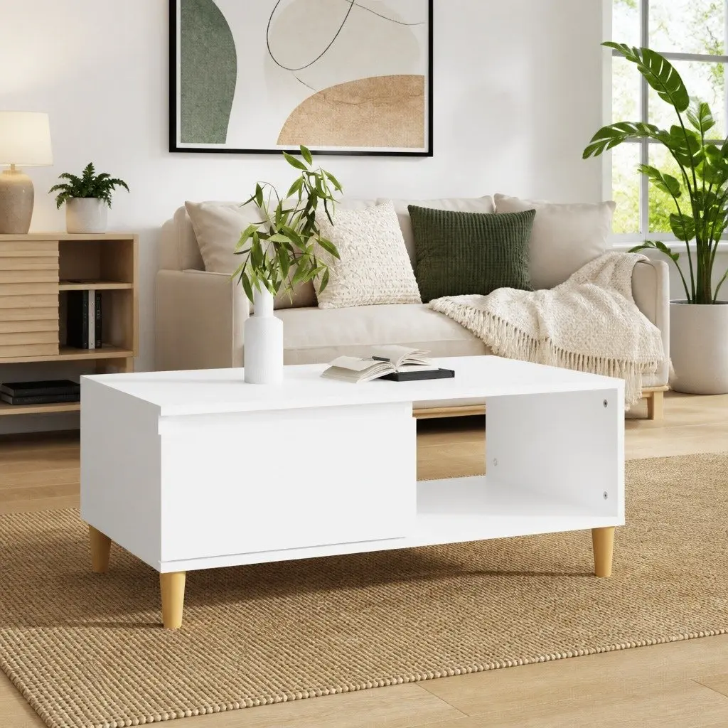 White Scandinavian Coffee Table with Storage Drawer