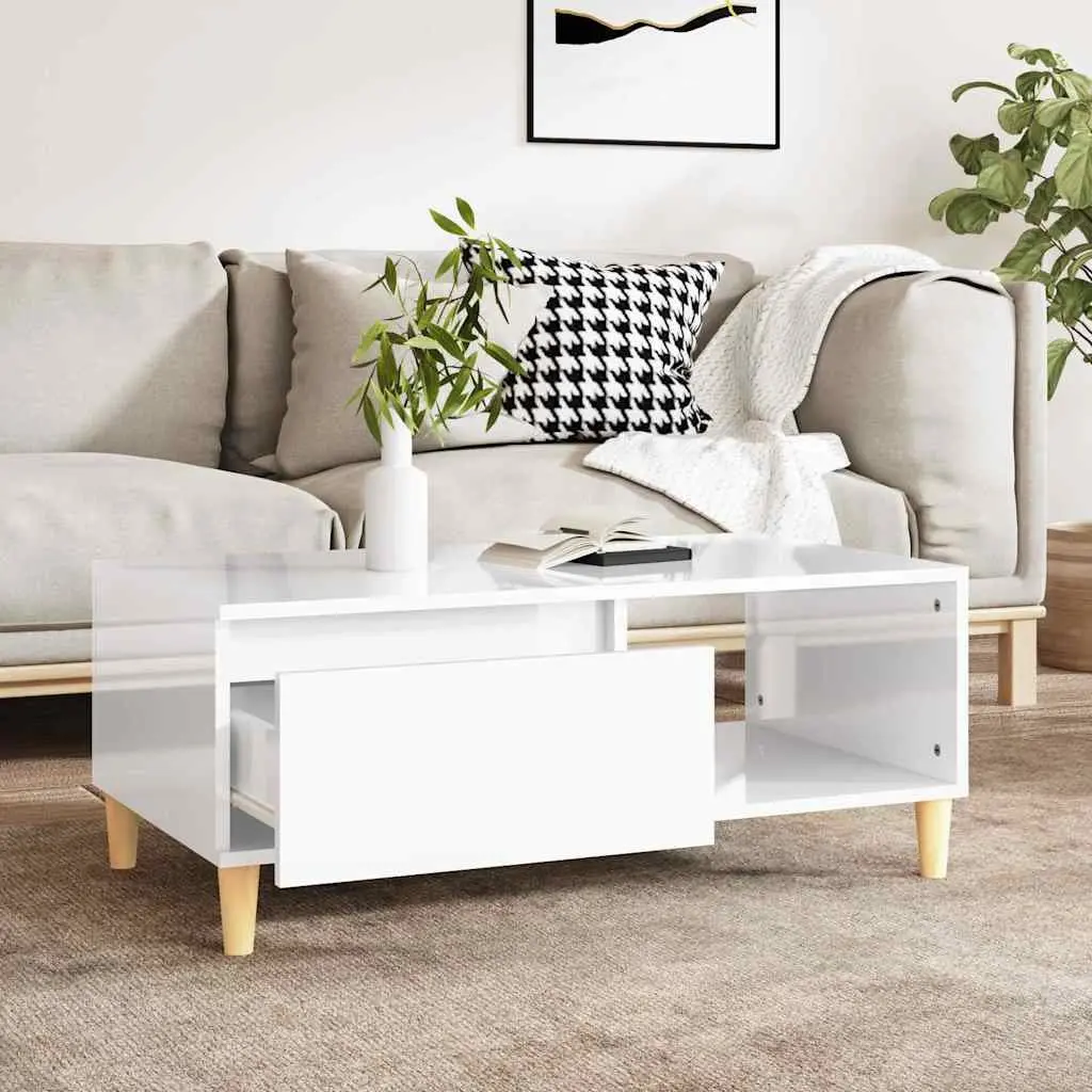 High Gloss White Coffee Table with Storage Drawer 90x50x36.5cm