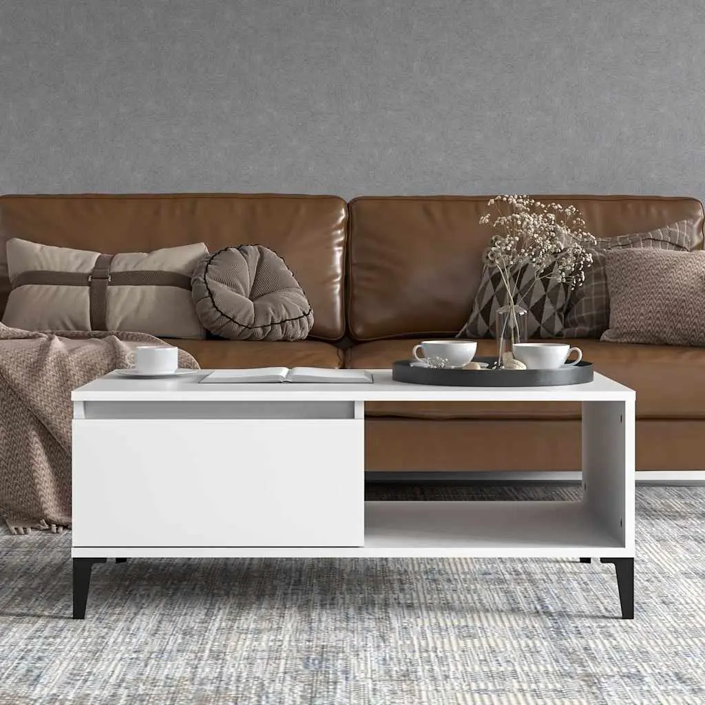 White Coffee Table with Storage Drawer and Open Compartment